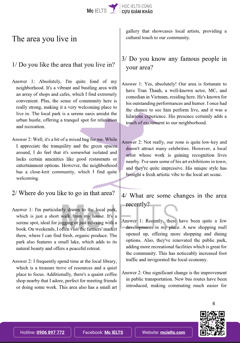 Câu trả lời mẫu cho IELTS Speaking Part 1