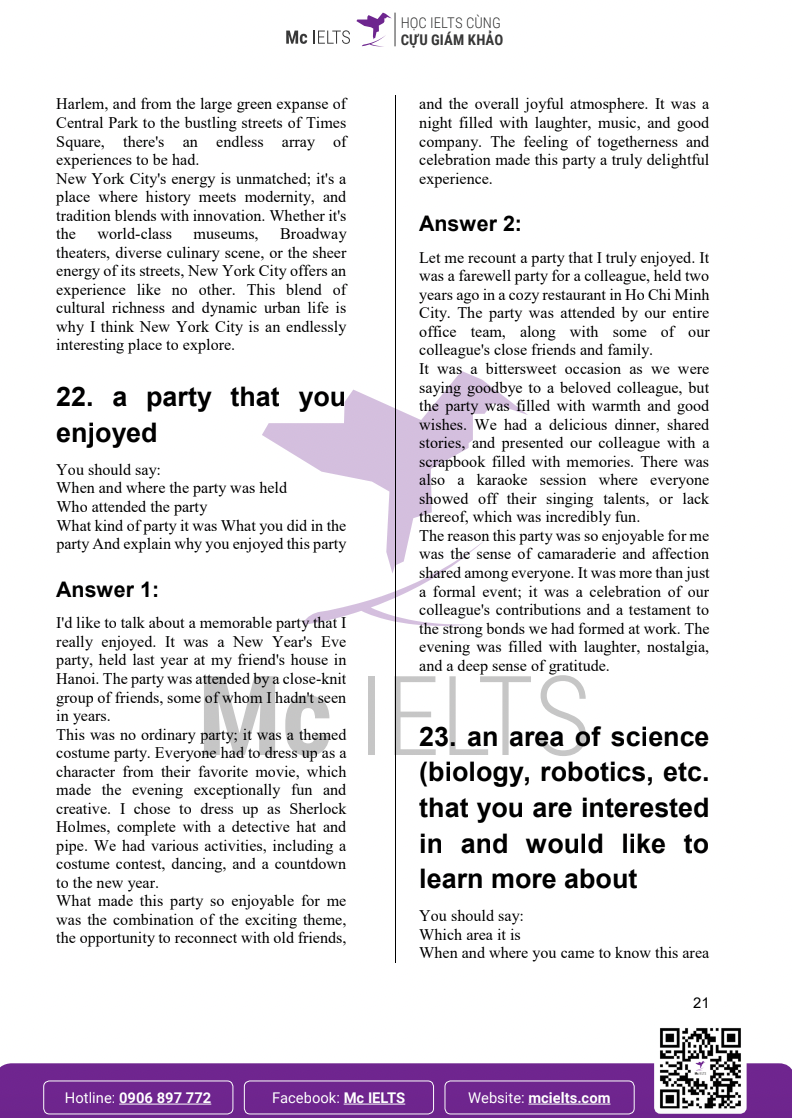 Câu trả lời mẫu IELTS Speaking Part 2 chủ đề Party