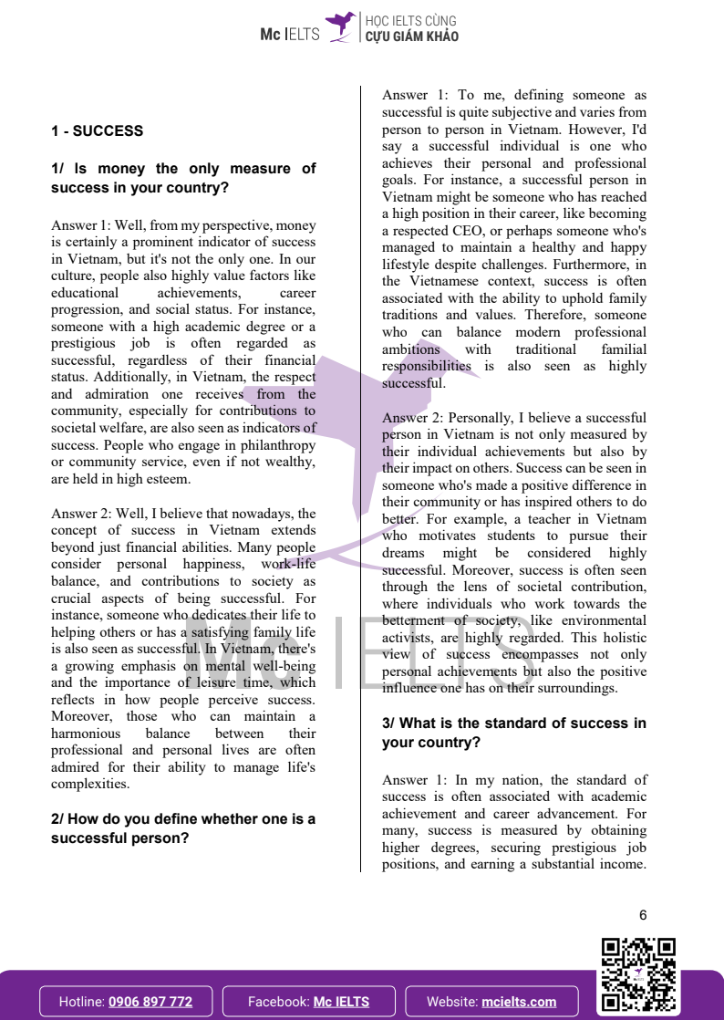 Câu trả lời IELTS Speaking Part 3 Chủ đề Success