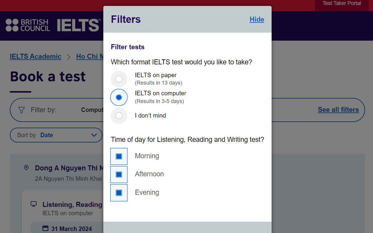 Sau khi chọn địa điểm thi IELTS và trung tâm thi ỈLTS, hãy đăng nhập trang chủ và kiểm tra thông tin đăng ký thi IELTS