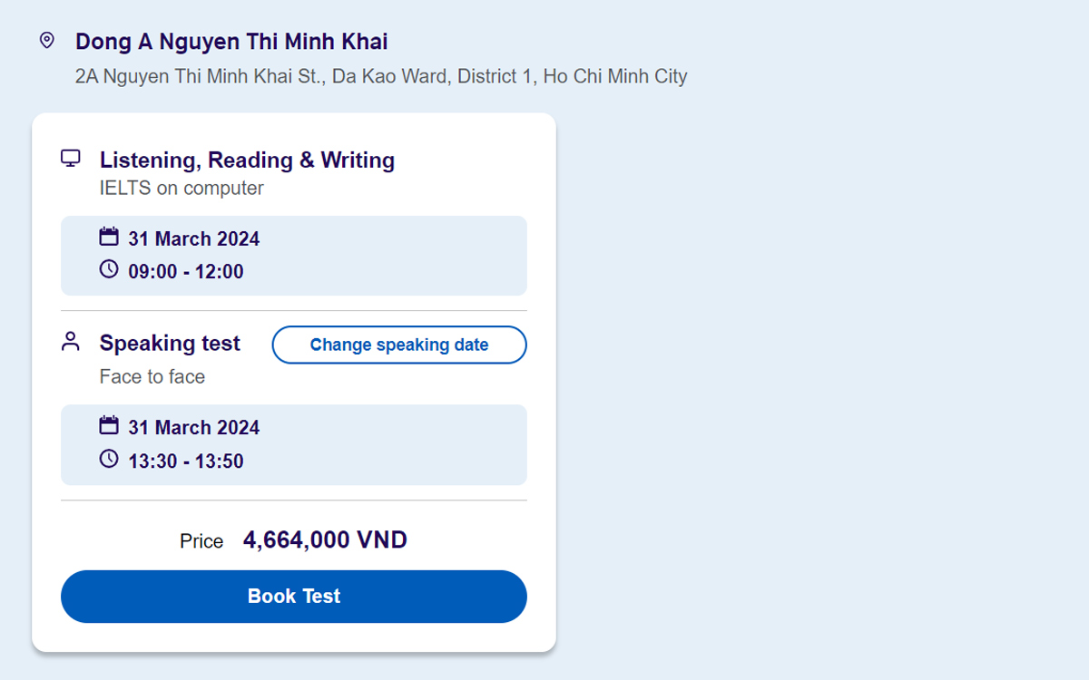 Sau khi chọn địa điểm thi IELTS và trung tâm thi IELTS, hãy thanh toán lệ phí 4.664.000 VNĐ