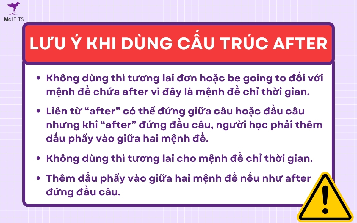 Một vài lưu ý khi sử dụng cấu trúc After trong tiếng Anh