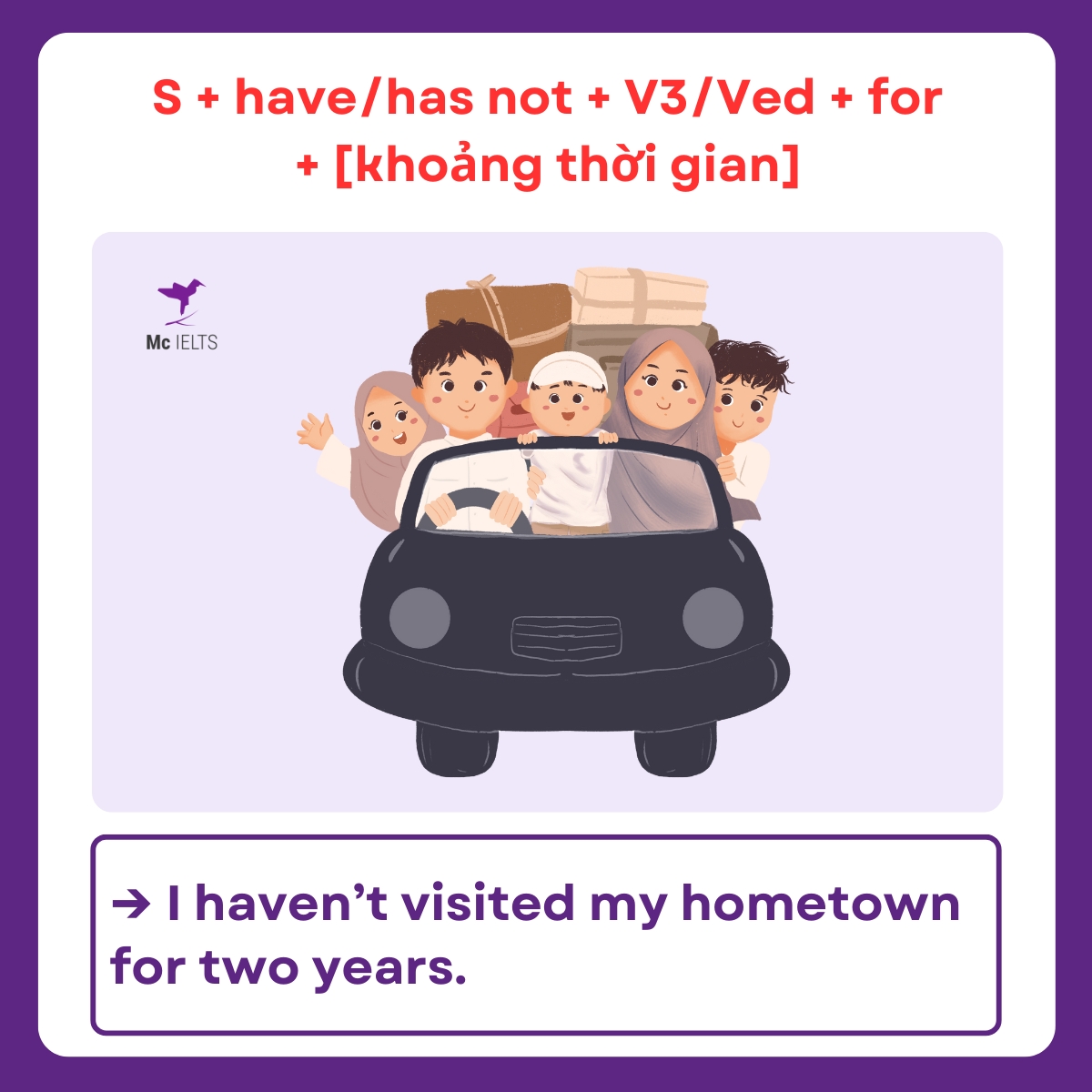 Ví dụ cấu trúc S + have/has not + V3/Ved + for + [khoảng thời gian]