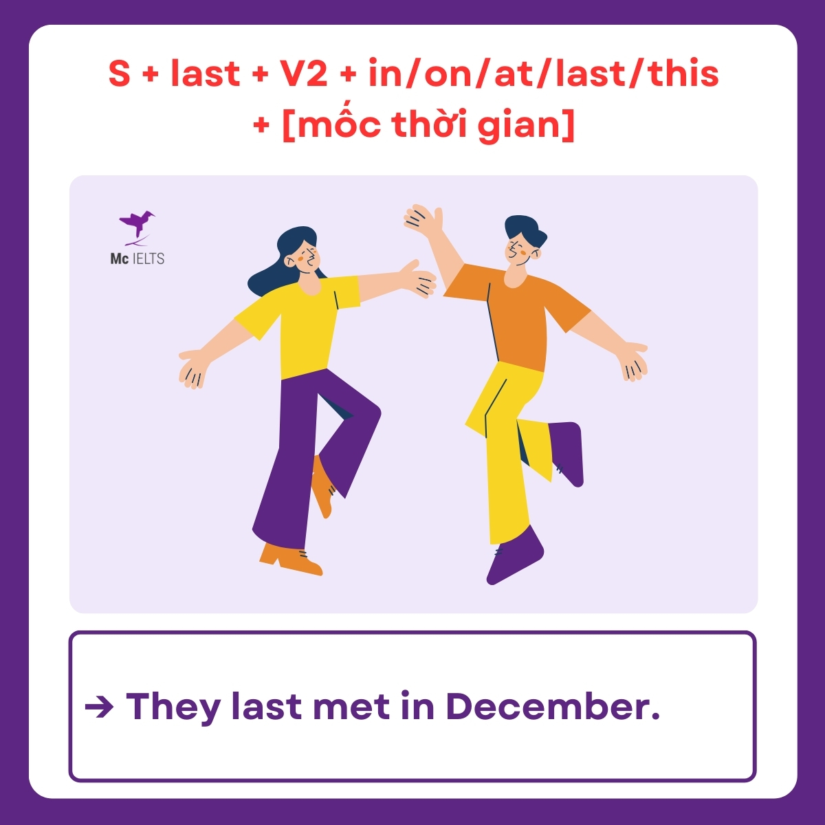 Ví dụ cấu trúc S + last + V2 + in/on/at/last/this + [mốc thời gian]