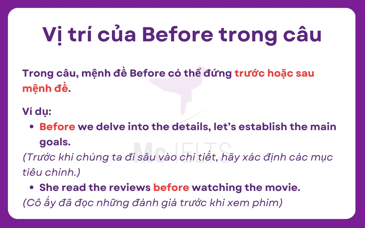 Vị trí của cấu trúc Before ở trong câu
